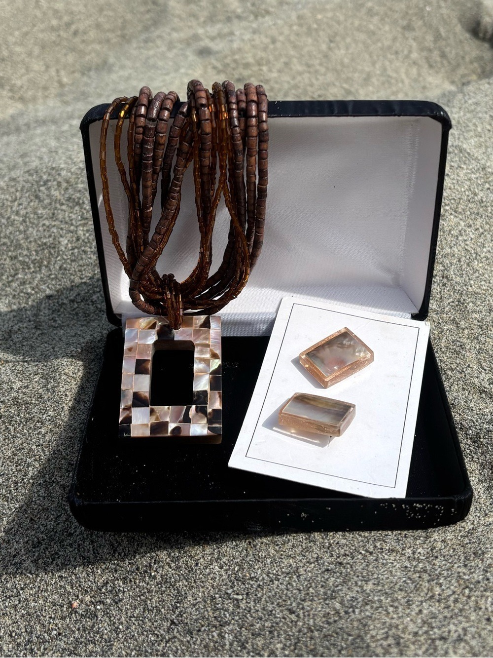 🤎 Reversible Abalone & Mother of Pearl Statement Pendant Necklace Set + Earrings